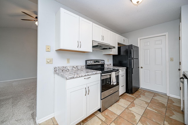 kitchen featuring white cabinetry, black fridge, stainless steel electric range, a textured ceiling, and ceiling fan