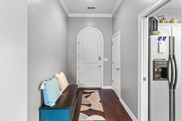 interior space with dark wood-type flooring and crown molding