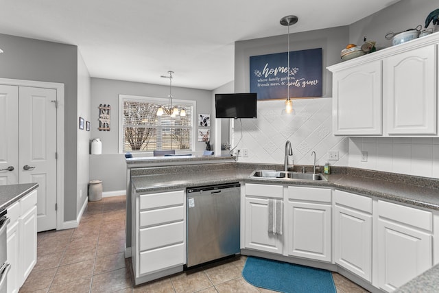 kitchen featuring pendant lighting, sink, white cabinetry, stainless steel dishwasher, and kitchen peninsula