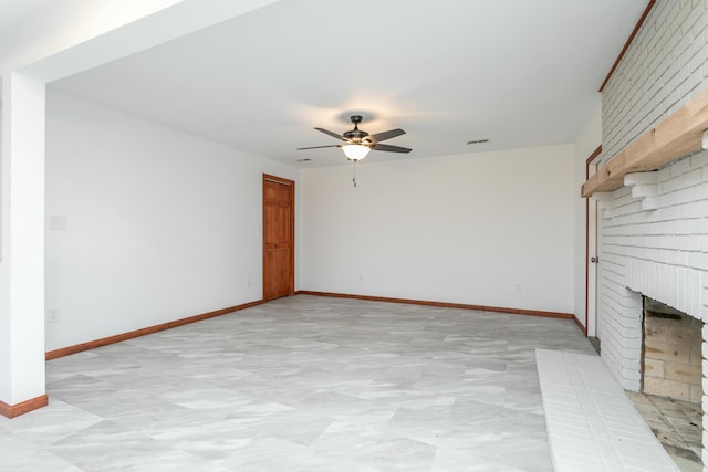 unfurnished living room with visible vents, baseboards, a ceiling fan, and a fireplace