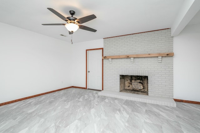 unfurnished living room featuring a ceiling fan, visible vents, a fireplace, and baseboards