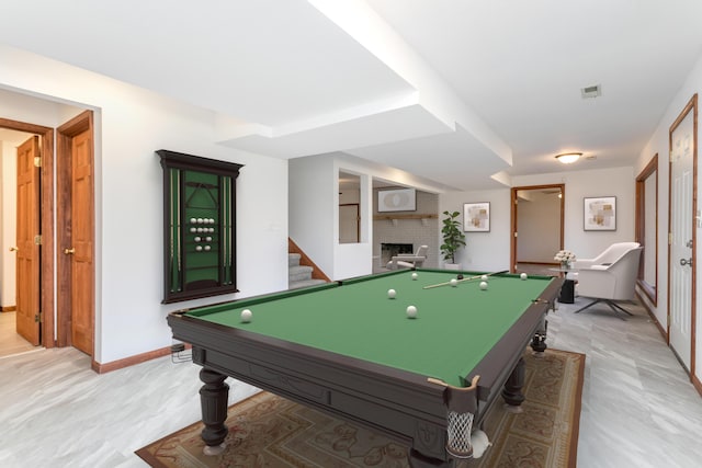 game room featuring visible vents, baseboards, a fireplace, and billiards