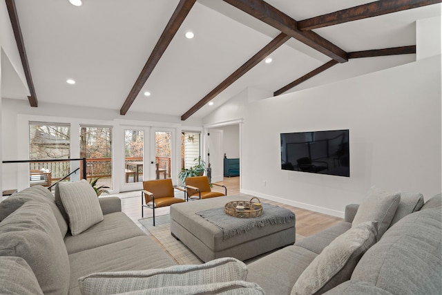 living area with baseboards, vaulted ceiling with beams, french doors, light wood-style floors, and recessed lighting