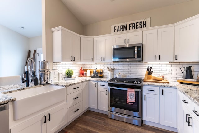 kitchen with sink, white cabinets, stainless steel appliances, light stone countertops, and dark wood-type flooring