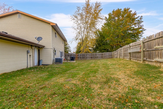 view of yard featuring central AC and a fenced backyard