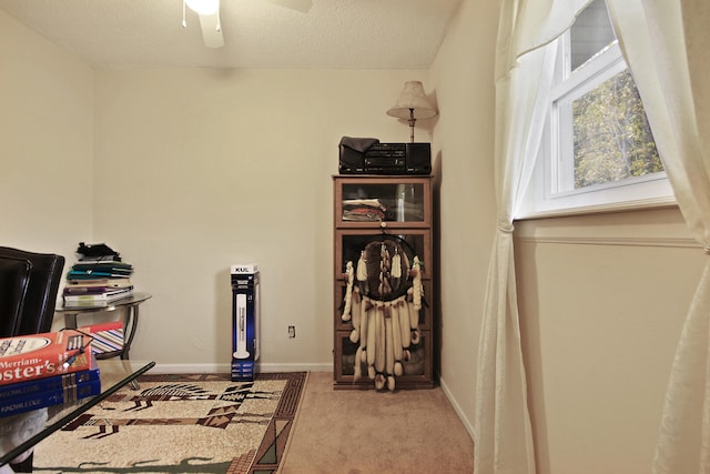 interior space featuring carpet floors, ceiling fan, baseboards, and a textured ceiling