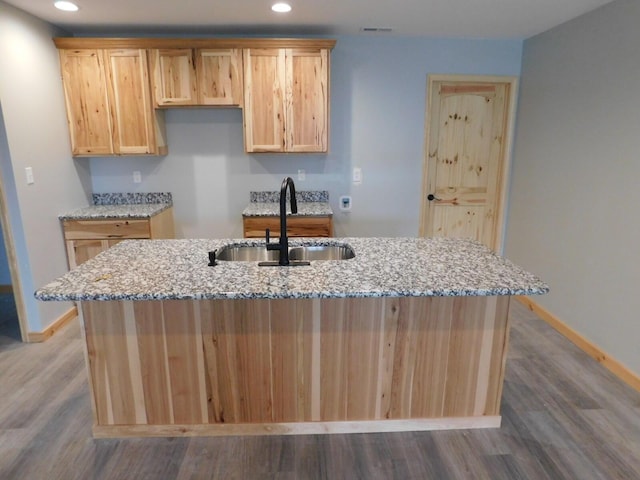 kitchen featuring sink, light brown cabinets, light stone countertops, and a center island with sink