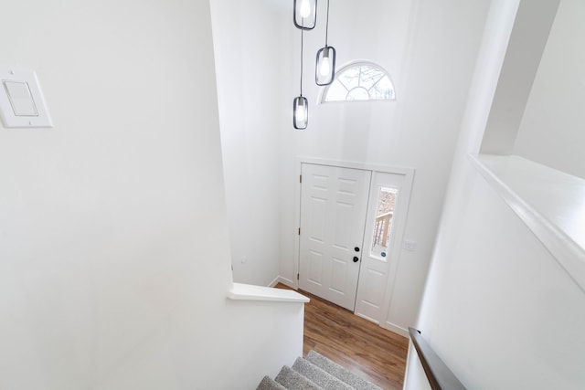 entryway with a high ceiling and light wood-type flooring