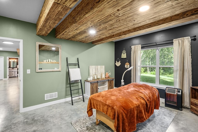 bedroom featuring heating unit, beamed ceiling, and wood ceiling