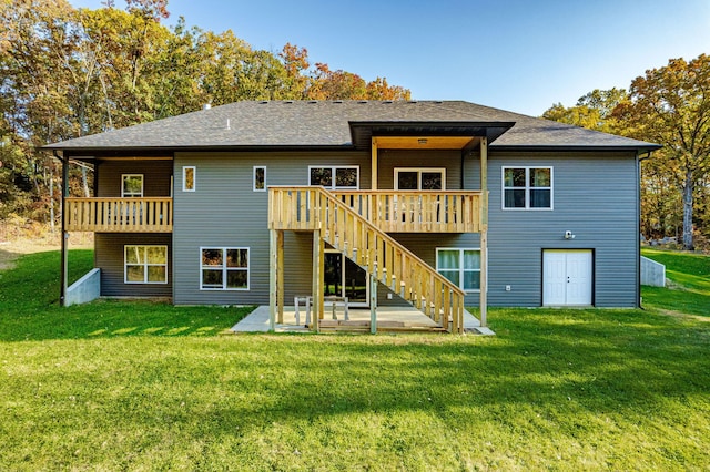 4503 E Mcgee Rd, Columbia, MO 65202 - rear view of house featuring stairs, a shingled roof, a deck, a lawn, and a patio