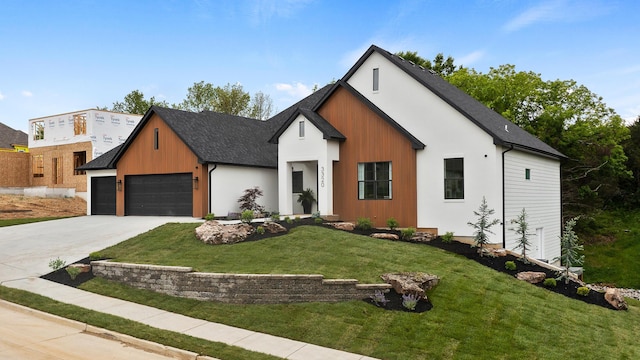 modern farmhouse with a garage, roof with shingles, driveway, and a front lawn