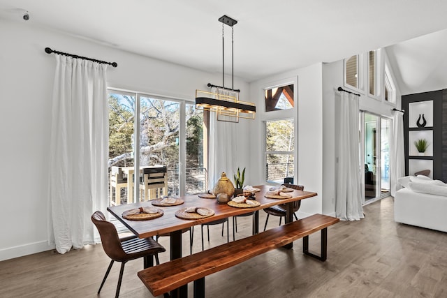 dining area featuring a chandelier, baseboards, and wood finished floors