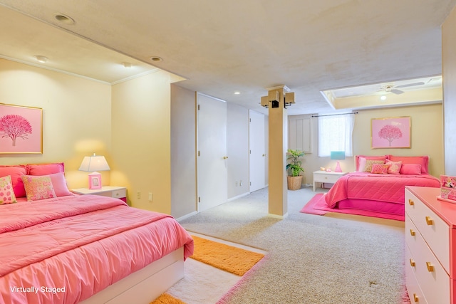 carpeted bedroom with crown molding and recessed lighting