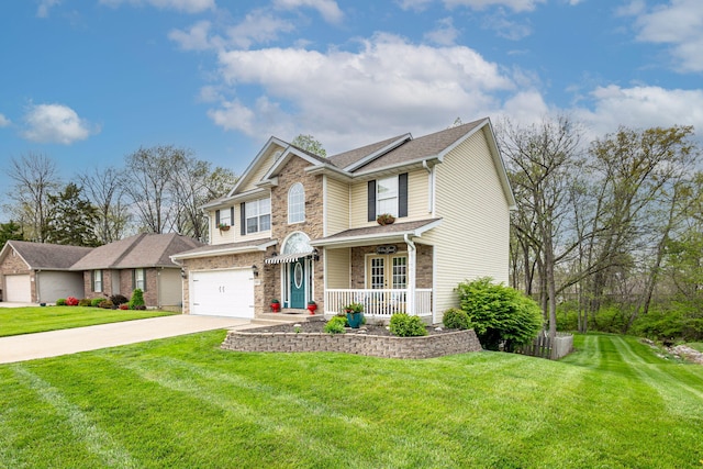 craftsman inspired home featuring a porch, stone siding, driveway, a front yard, and a garage