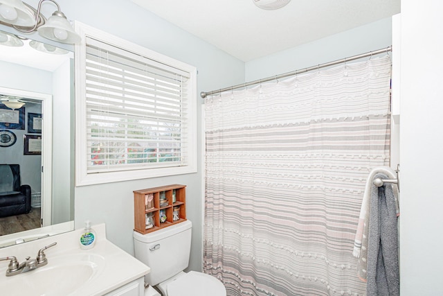 bathroom with vanity, toilet, and a shower with shower curtain