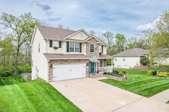 view of front of property with a front lawn, an attached garage, driveway, and roof with shingles