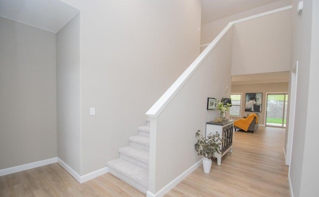 stairway with hardwood / wood-style flooring