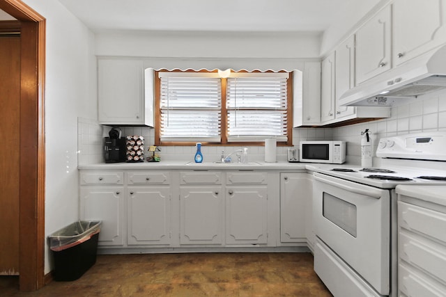 2417 Quail Dr, Columbia, MO 65202 - kitchen featuring white cabinetry, white appliances, sink, and backsplash