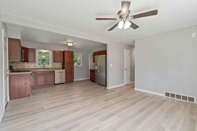 kitchen featuring sink, backsplash, stainless steel appliances, and light hardwood / wood-style floors