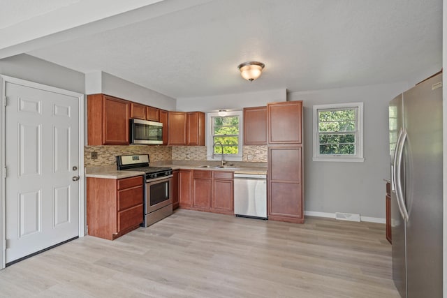 kitchen with sink, backsplash, light hardwood / wood-style floors, stainless steel appliances, and a textured ceiling