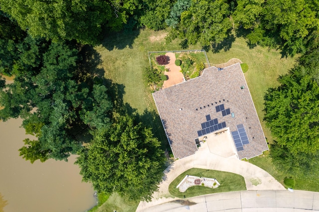 drone / aerial view featuring a water view