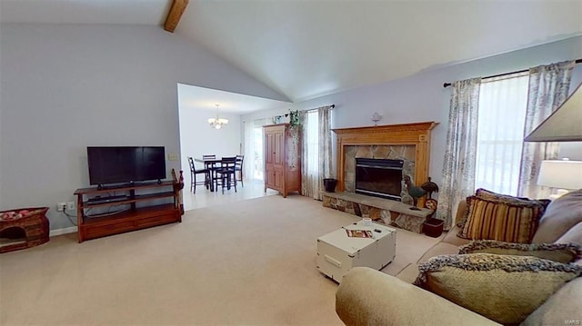 carpeted living room featuring high vaulted ceiling, a chandelier, a fireplace, and beam ceiling