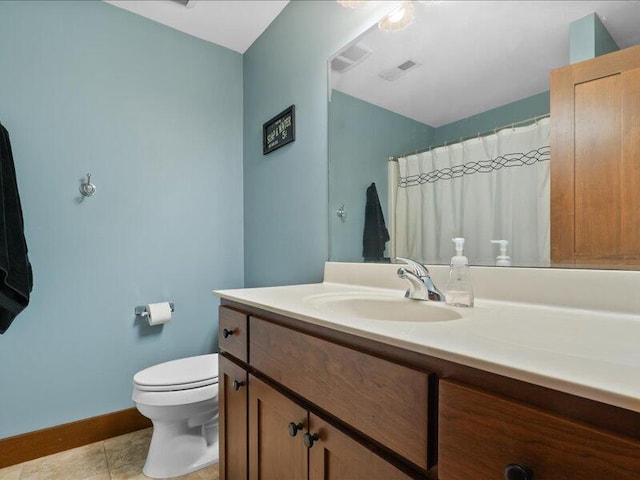 full bath with tile patterned flooring, toilet, vanity, visible vents, and baseboards