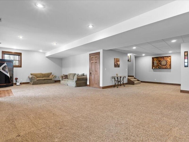 interior space featuring recessed lighting, carpet flooring, and baseboards