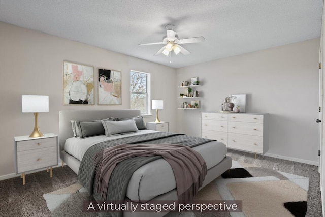 bedroom featuring carpet floors, baseboards, and a textured ceiling