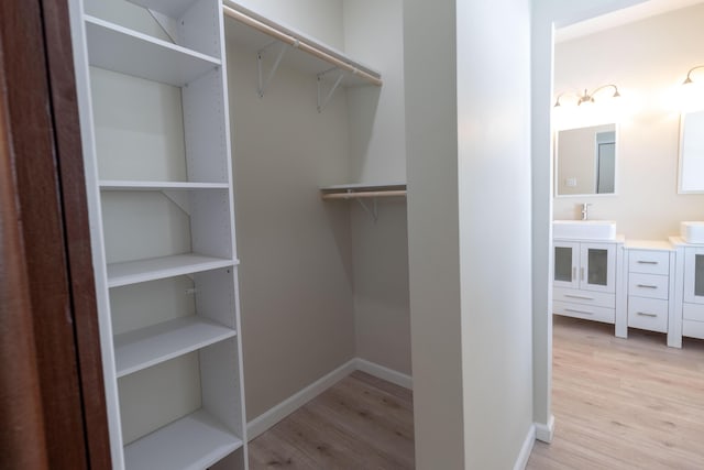 walk in closet with a sink and light wood-style floors