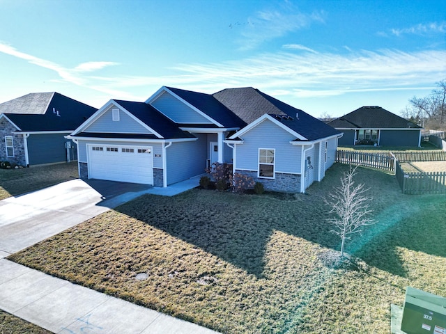 ranch-style home with a garage, stone siding, driveway, and fence