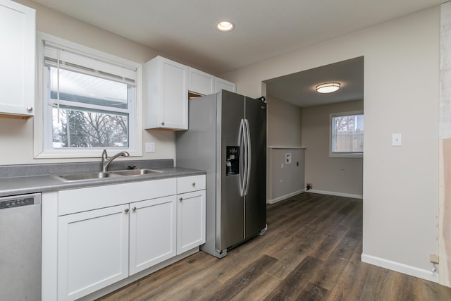 kitchen featuring appliances with stainless steel finishes, dark wood-type flooring, a sink, and white cabinets