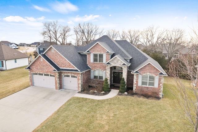 view of front facade with a garage, a shingled roof, concrete driveway, a front lawn, and brick siding