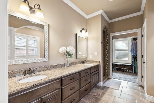 bathroom featuring a wealth of natural light, crown molding, and a sink