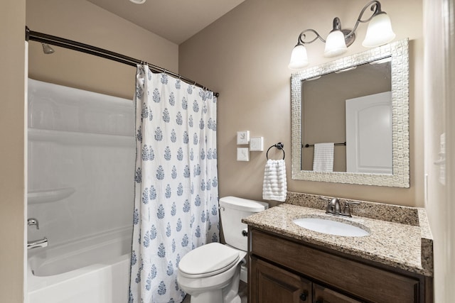 full bath featuring shower / bathtub combination with curtain, vanity, and toilet