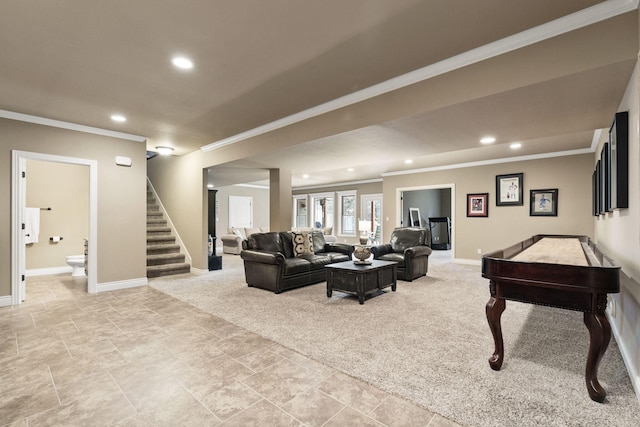 living area featuring light carpet, stairs, crown molding, and recessed lighting