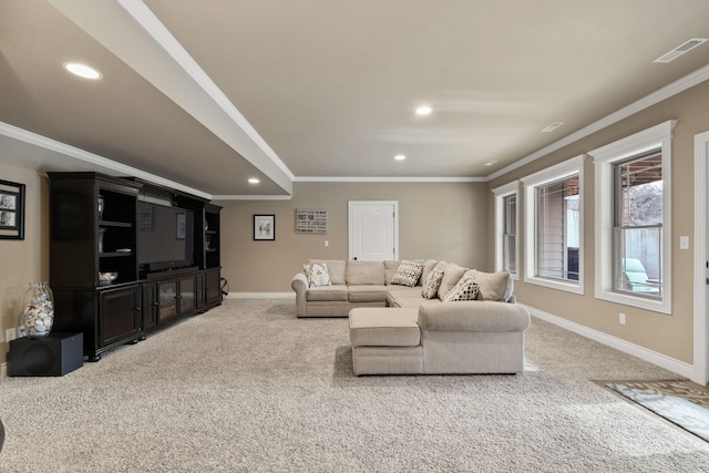 carpeted living area with recessed lighting, visible vents, baseboards, and ornamental molding