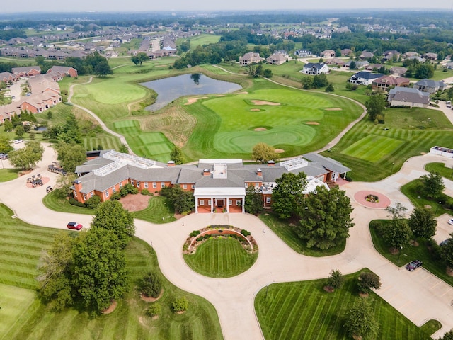 bird's eye view featuring a water view, a residential view, and golf course view