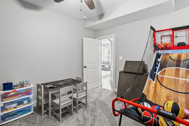 playroom featuring carpet floors and ceiling fan