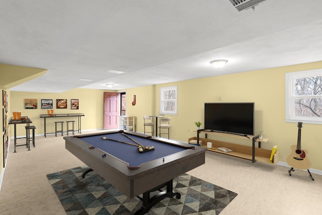 recreation room featuring light colored carpet, pool table, visible vents, and baseboards