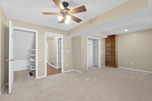 unfurnished bedroom with visible vents, baseboards, ceiling fan, carpet floors, and recessed lighting