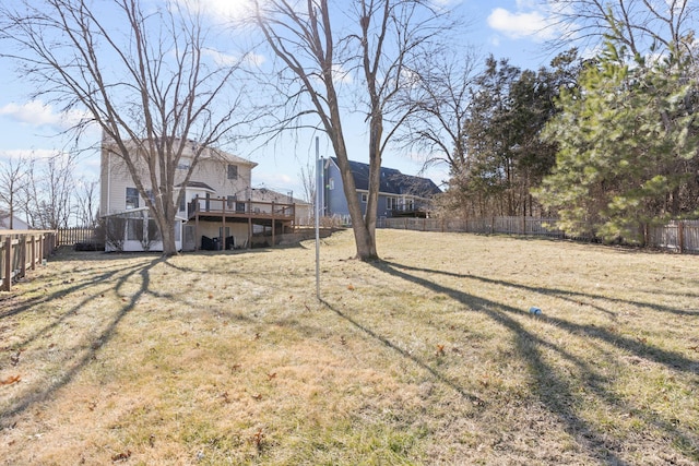 view of yard with a fenced backyard and a wooden deck