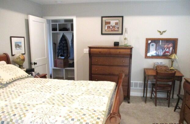 bedroom featuring light carpet and a closet