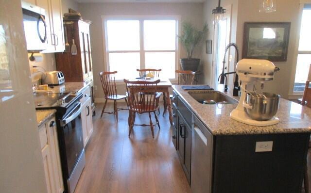 kitchen with light stone counters, stainless steel microwave, electric range, a kitchen island with sink, and a sink