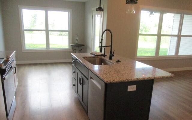 305 E Francis St, Sturgeon, MO 65284 - kitchen with a sink, light wood finished floors, baseboards, and light stone countertops
