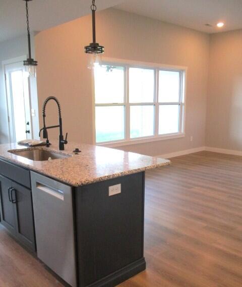 305 E Francis St, Sturgeon, MO 65284 - kitchen with a sink, stainless steel dishwasher, wood finished floors, baseboards, and an island with sink