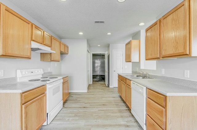 kitchen with white appliances, light countertops, a sink, and under cabinet range hood