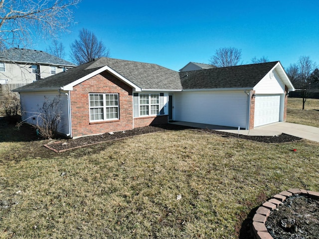 ranch-style house with a front yard, brick siding, and roof with shingles