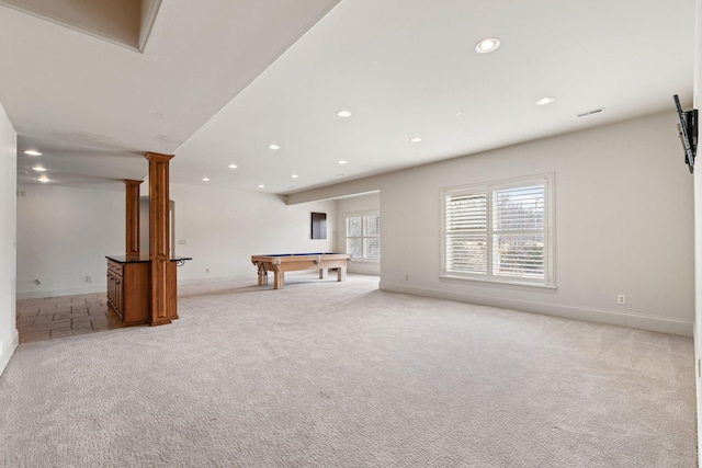 playroom with light carpet, pool table, and recessed lighting