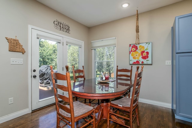 dining room featuring dark wood-style floors and baseboards